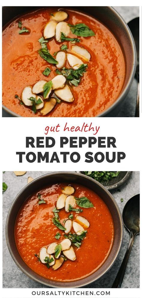 Tomato Red Pepper Soup, Roasted Red Peppers Recipes, Red Pepper Tomato Soup, Tomato Soup Healthy, Red Pepper And Tomato Soup, Pepper And Tomato Soup, Red Pepper Recipes, Roasted Red Pepper Soup, Red Pepper Soup