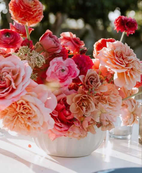 Pink And Orange Arrangements, Orange And Pink Floral Arrangements, Pink And Orange Wedding Centerpieces, Eclectic Beach Wedding, Pink Orange Flower Arrangement, Pink And Orange Florals, Love Is In Bloom Bridal Shower Backdrop, Pink And Orange Wedding Bouquet, Barbie Core Wedding