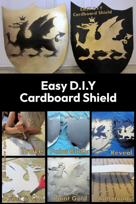 D.I.Y Knight Cardboard Shield for Pretend Costume Play - The Educators' Spin On It Cardboard Shield, Knight Shield, Dragon Shield, Family Projects, Cardboard Design, Knight Costume, Card Board, Diy Cardboard, Fun Family