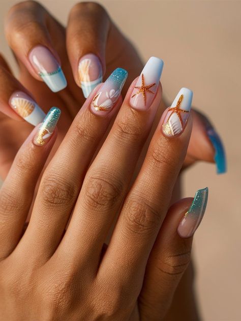 Beginners DIY Summer Nail Art for Free Beach Nail Designs Coffin, Beach Design Nails, Coastal Nails, Nails For Vacation, Beach Vacation Nails, Summer Holiday Nails, Turtle Nails, Beach Themed Nails, Vacation Nails Beach