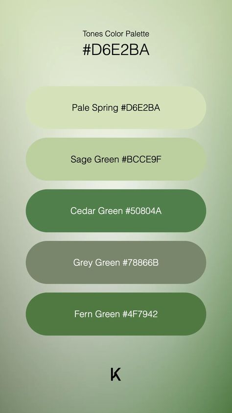 Tones Color Palette Pale Spring #D6E2BA · Sage Green #BCCE9F · Cedar Green #50804A · Grey Green #78866B · Fern Green #4F7942 Green Color Palate, Celadon Color, Muted Yellow, Hex Color Palette, Light Green Color, Color Palate, Fern Green, Hex Colors, Grey Green