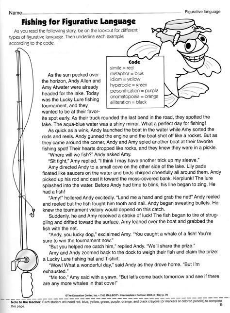 Fishing for Figurative Language Figurative Language Middle School, Figurative Language Poems, Figurative Language Activities, Reading Practice Worksheets, Figurative Language Lessons, Ideas Bookmark, Middle School Reading Comprehension, Poetry Workshop, Poetry Worksheets