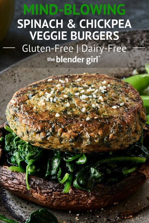 Spinach Chickpea Burgers - The Blender Girl Spinach Burgers, Wilted Greens, Chickpea Burgers, Spinach Benefits, Chickpea Burger, Veggie Burgers, Vegan Burger, Vegetarian Meal, Vegan Burgers