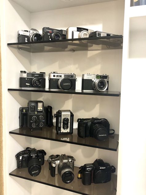 Some of my camera collection. Camera Shelf Display, Camera Collection Display, Camera Cabinet, Camera Display, Camera Decor, Camera Storage, Vision 2024, Camera Collection, Cute Camera