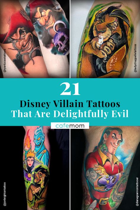 CafeMom.com : Pin It! : 21 Disney Villain Tattoos That Are Delightfully Evil -- Add this graphic to your Pinterest board if you love both Disney characters and tattoo Villain Tattoo Sleeve, Disney Villains Tattoos, Disney Villain Tattoo Sleeve, Disney Villain Tattoo, Villain Tattoo, Disney Characters Tattoos, Dark Disney Tattoo, Disney Sleeve Tattoos, Disney Sleeve