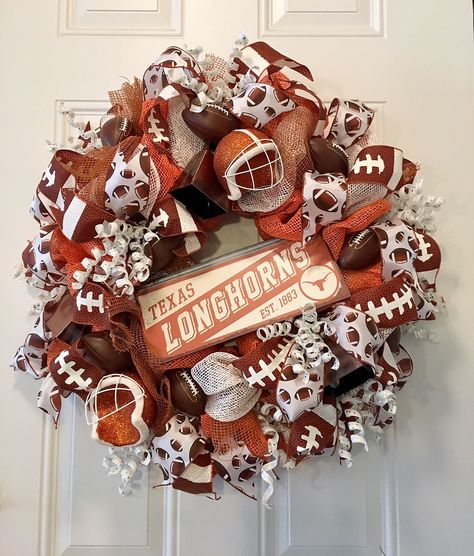 Football Ornaments, Football Wreaths, Cowboys Wreath, Ut Longhorns, Welcome Signs Front Door, Football Homecoming, Football Wreath, Ut Austin, Texas Longhorn