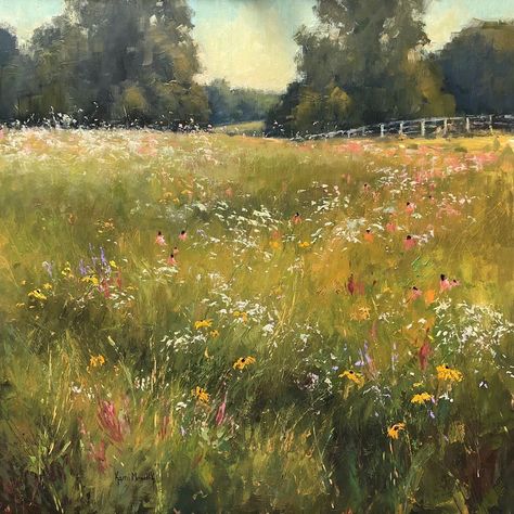 Field Of Flowers Oil Painting, Green Pastures Painting, Impressionist Flower Field, Painting Of Flower Field, Painted Field Of Flowers, Drawing Field Of Flowers, Field With Flowers Painting, Scenic Oil Painting, Farm Paintings Landscape