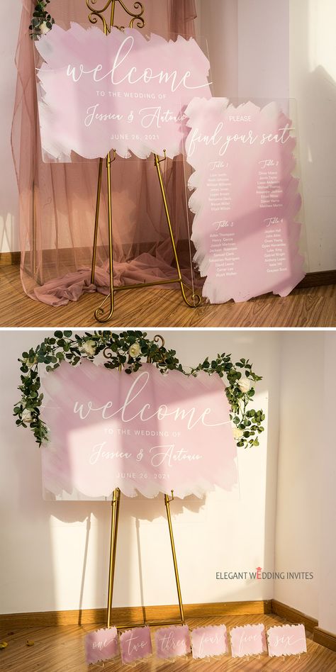 Pink Wedding Diy Decor, Pink Acrylic Welcome Sign, Blush Pink Wedding Invitations Elegant, Wedding Decorations Blush Pink, Pink Encouraged Wedding Guest, Blush Pink Reception Decor, Pink Wedding Decor Ideas, Blush Pink Decorations Party, Acrylic Party Signs