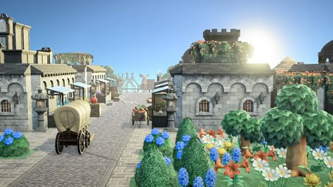 Acnh Castle Village, Animal Crossing Main Street, Animal Crossing Castle, Acnh Viking, Acnh Market, Ac Ideas, My Animal, Fantasy Castle, Medieval Castle