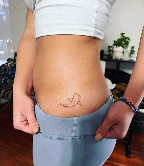 Shark And Whale Tattoo, Minimalist Whale Shark Tattoo, Whale Shark Hip Tattoo, Small Marine Life Tattoos, Shark Tattoo Hip, Whale Shark Fine Line Tattoo, Small Whale Shark Tattoo, Whale Shark Tattoo Design, Marine Animal Tattoo