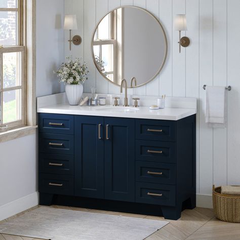 Blue Bathroom Vanity, Types Of Countertops, Blue Vanity, Shaker Style Doors, Bathroom Vanity Base, White Quartz Countertop, White Marble Countertops, Transitional Bathroom Vanities, Sink Vanity