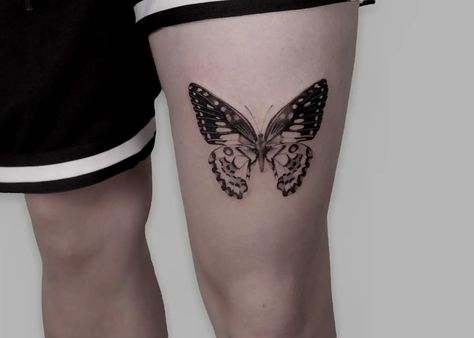 40 Awesome Butterfly Tattoo Ideas for MEN in 2023 Masculine Butterfly Tattoo For Men, Butterfly Tattoo Knee, Masculine Butterfly Tattoo, Butterfly Tattoo For Men, Men Butterfly Tattoo, Above Knee Tattoo Men, Butterfly Knee Tattoo, Thigh Tattoo Ideas, Butterfly Thigh Tattoo