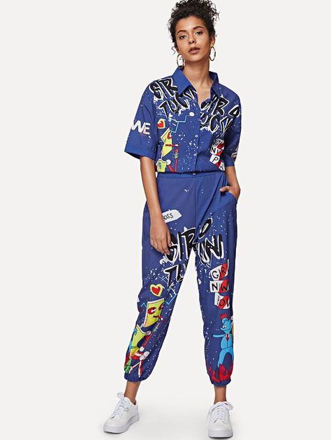 Graffiti Print Shirt Detail Jumpsuit -SheIn(Sheinside) Weird Barbie, Graffiti Fashion, Maxi Jumpsuit, Printed Clothing, Shirt Detail, Graffiti Prints, Shein Style, Print Pullover, Casual Blouse