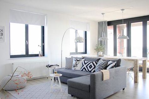 Black window frames inside - any regrets?! | Mumsnet Grey Window Frames, Blue Couch Pillows, Couch Grau, Home Living Room Modern, Scandinavian Design Living Room, Grey Corner Sofa, Inexpensive Decor, Ikea Living Room, First Apartment Decorating