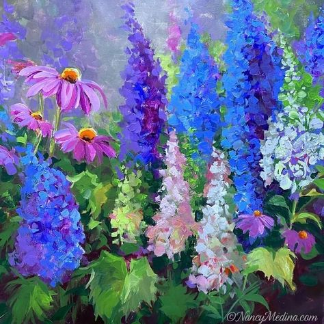 Purple Flowers Acrylic Painting, Forget Me Not Oil Painting, Purple Poppies Painting, Blue And Purple Flowers Painting, Nancy Medina, Purple Floral Painting Acrylic, Poppy Garden, Flower Mound, Italian Art