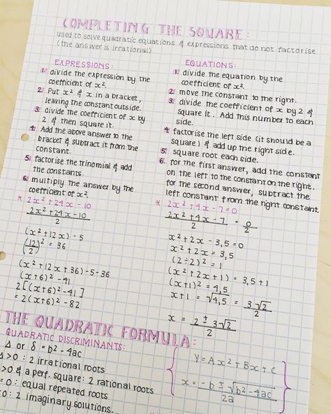 Hey there xx I really love the simple style of these notes - hope you enjoy them too!😘 and happy studying🌵 - #study #studynotes #notes… Equations Notes, Happy Studying, Solving Quadratic Equations, Perfect Handwriting, Maths Exam, Math Notebook, Neat Handwriting, Math Notes, School Organization Notes