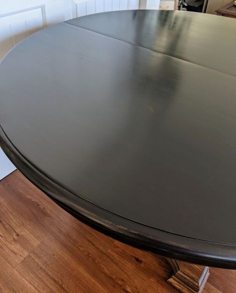 Black Dining Room Table Round, Painting Dinning Room Tables, Black Chalk Paint Table Dining Room, Black Top Oak Table, Paint Dining Room Table And Chairs Black, Refinished Kitchen Table Black, How To Paint A Table Top, Painted Black Table, Black Painted Table And Chairs