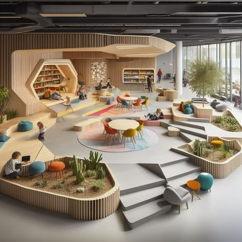 Kindergarten Building Design, Education Center Design, School Interior Design Classroom, Learning Center Design, Children Architecture, Community Space Design, Daycare Room Design, Education Design Interior, Kids Museum