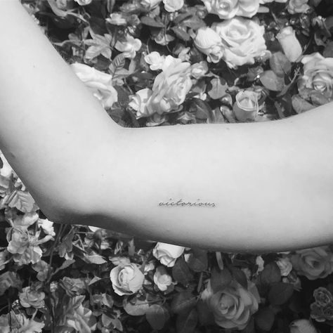 ' ᵛᴵᶜᵀᴼᴿᴵᴼᵁˢ ' . . . . Victorious Tattoo, Tattoo On Inner Arm, Word Tattoos On Arm, Aloha Tattoo, Victory Tattoo, Small Words Tattoo, Wörter Tattoos, Hawaii Tattoos, Inner Arm Tattoos