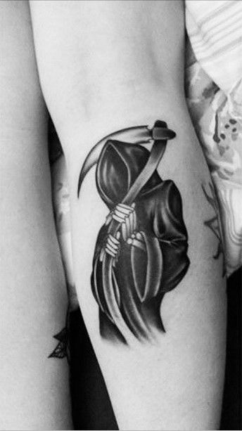 Grim Reaper tattoo The Grim Reaper Tattoo, Grim Reaper Scythe Tattoo, Grim Reaper Back Tattoo, Grim Reaper Tattoo Simple, Tattoos Grim Reaper, Grimm Reaper Tattoo, Tattoo Grim Reaper, Scythe Tattoo, No Face Tattoo