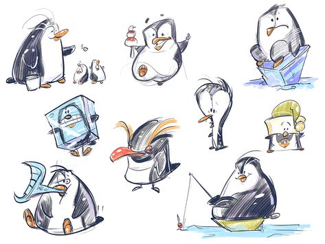 Penguins by spovv Penguin Cartoon, Penguin Illustration, Penguin Drawing, Animal Illustration Art, Penguin Art, Rubber Hose, Animal Doodles, Character Designer, Disney Concept Art