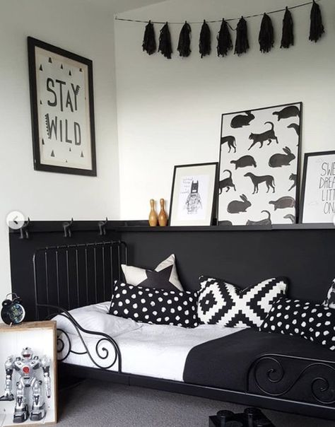 Kids' Bedroom Ideas With Black Walls: Inspiration and Paint Colors | Hunker Black And White Walls Bedroom, Boys Black Bedroom Ideas, Black Kids Bedroom, Black And White Boys Bedroom, Boys Monochrome Bedroom, Black And White Kids Bedroom, Boys Black And White Bedroom, Monochrome Kids Bedroom, Black Bedroom Decor Ideas