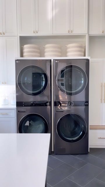 Double Stack Washer And Dryer Room Ideas, Double Stackable Washer And Dryer, Stacking Washer And Dryer, Double Washer And Dryer Laundry Room, Double Stacked Washer And Dryer, Lg Tower Laundry Room, Lg Wash Tower Laundry Room, Lg Wash Tower, Pros And Cons Of Stacking Washer And Dryer