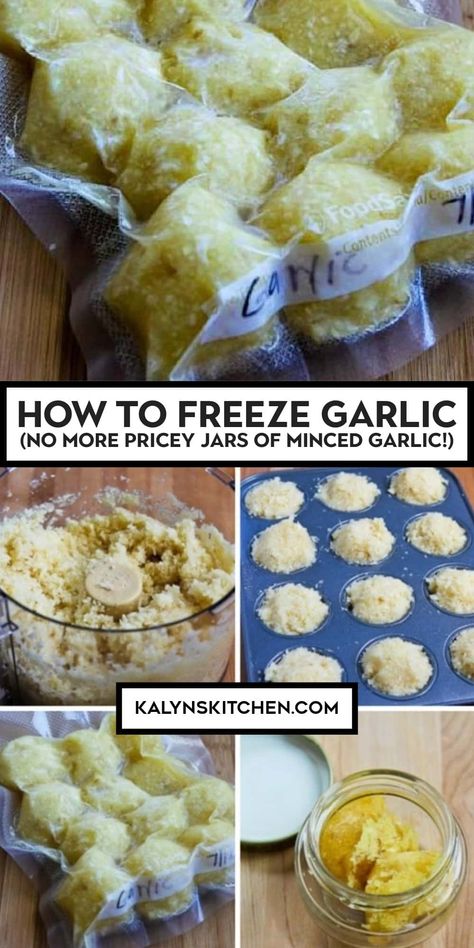 "Pinterest Image of How to Freeze Garlic showing minced garlic sealed in plastic and 4 images of garlic in various stages of preparation." Canned Minced Garlic, Freezing Minced Garlic, How To Freeze Garlic, Minced Garlic How To, Diy Minced Garlic, How To Preserve Garlic, Freezing Garlic, Preserving Garlic, Garlic Storage