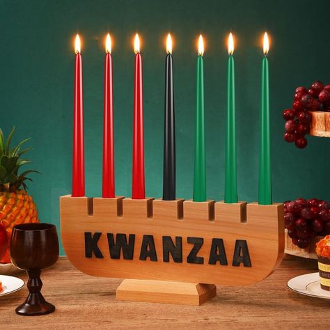 Kwanzaa Kinara Set 7 Principles Of Kwanzaa, Kwanzaa Kinara, Seven Principles Of Kwanzaa, Kwanzaa Party, Kwanzaa Decorations, Candle Holder Wood, Wood Cup, Wooden Candle Holder, Fabric Table Runner