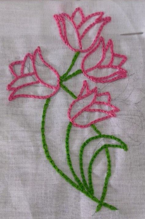 Back Stitch Embroidery Design Simple, Pattern Stitch Type 2 Design In Aari, Chain Stitch Design Hand Embroidery, Chain Work Embroidery, Chain Stitching Embroidery, Single Feather Stitch Embroidery Design, Embroidery Chain Stitch Design, Floral Embroidery Simple, Chain Stitch Aari Design Pattern