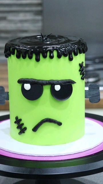 Liz Nicolaou on Instagram: "FRANKIE 💚 Join me tonight 4th Oct at 9pm GMT for a live over on the @frostform page, where I'll be showing you how to create this Frankenstein Monster Hybrid Ganache cake! Products Used: @frostform colour bomb in neon green, 5 inch frost form kit - use code FROSTLOVE10 for 10% off at frostform.com #frankensteinmonster #halloweencake #frostform" Halloween Monster Cake, Monster Hybrid, Frankenstein Cake, Frost Form, Dessert Decor, Ganache Cake, Frankenstein Monster, Monster Cake, Green Cake