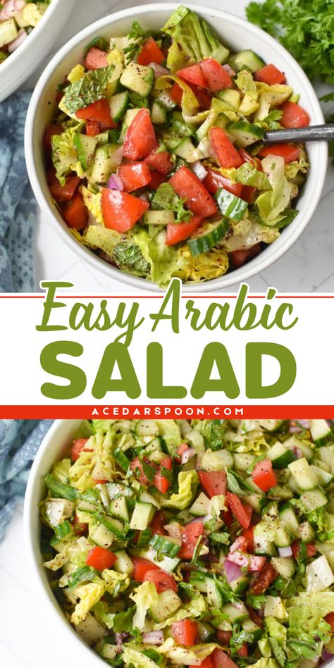 This Arabic Salad is a delicious summer salad recipe that's fresh, simple, and zesty! This salad recipe is easy to put together and the perfect side dish for summer. It also makes the best 4th of July food idea! Arabic Salad Recipes, Arabic Salad, Healthy Lunch Salad, 4th Of July Food, Salad Dressing Container, Foods Ideas, Side Salad Recipes, Salad Recipes For Dinner, Veggie Salad