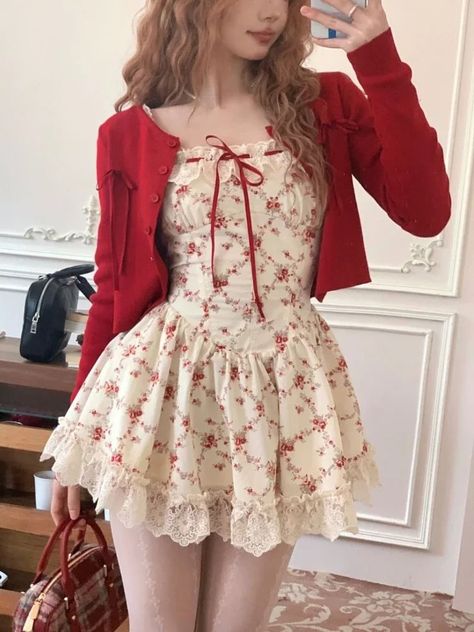 Red Coquette Clothes, Red Coquette Outfit, Fitted Ruffle Mini Dress Kawaii Style, Red Lace Coquette Sleepwear, Coquette Lace Mini Dress With Ruffles, Floral Coquette Red Dress, Casual Floral Dress, Tomboy Girls, New Dress Collection