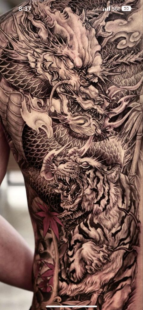 Samurai Back Tattoo, Dragon Tattoo Chest, Dragon Tattoo Back, Black Dragon Tattoo, Traditional Hand Tattoo, Japanese Tiger Tattoo, Tiger Tattoo Sleeve, Dragon Tattoo Ideas, Backpiece Tattoo