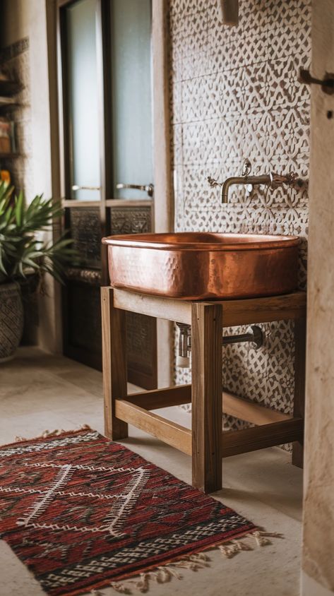 24 Modern Moroccan Bathroom Ideas That'll Love Artistic Centerpieces, Copper Bathroom Ideas, Modern Moroccan Bathroom, Moroccan Bathroom Ideas, Copper Bathtub, Bathrooms Modern, Copper Wallpaper, Moroccan Bathroom, Copper Sink Bathroom