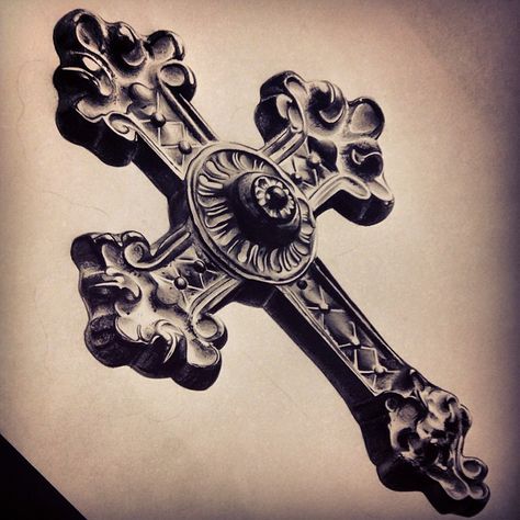 316 Likes, 25 Comments - David Reveles (@tattoospooky_d) on Instagram: “Got this #cross ready for a client of mine. #tattoo #crosstattoo #ornate #realism #blackandgrey…” Mine Tattoo, Christus Tattoo, Cruz Tattoo, Religion Tattoos, Chicanas Tattoo, Rosary Tattoo, Ornate Cross, Statue Tattoo, Religious Tattoo