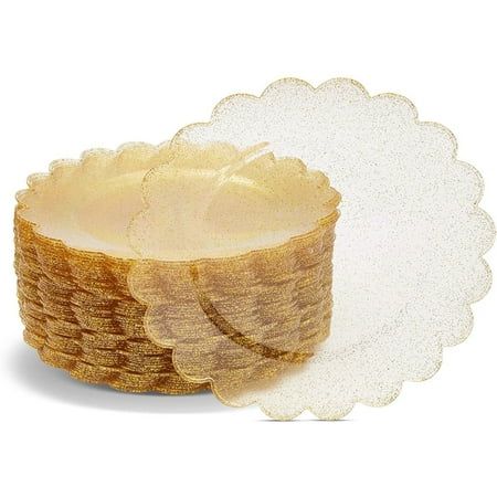 Item Description Add a touch of sparkle and versatility to your special occasions with this 50-pack of gold glitter disposable plastic plates. Perfect for holidays, weddings, and large gatherings, these plates feature elegant scalloped edges that exude sophistication. With dimensions of 9 inches in diameter, they provide ample space for your culinary creations to shine. These gold plastic plates can also be used as stylish charger plates, adding a touch of glamour to your table decor. Elevate yo Gold Plastic Plates, Disposable Plastic Plates, Christmas Tableware, Golden Birthday, Disposable Plates, Christmas Party Supplies, 50th Wedding Anniversary, Christmas Plates, Paper Plates Party