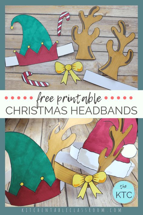 These Christmas hats print in black & white and are ready for your kiddos to add color & wear! Choose from a Santa hat, an elf hat, or a reindeer headband. Diy Elf Hat For Kids, Elf Hats Craft For Kids, Christmas Hat Printable, Christmas Headband Craft, Mice Crafts, Paper Santa Hat, Elf Hat Template, Elf Hat Craft, Christmas Crowns