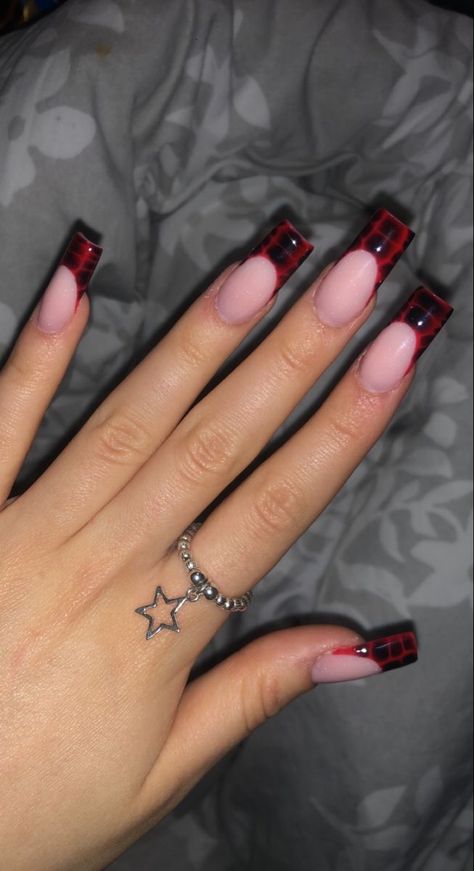 Red And Black Alligator Nails, Black N Red Nail Designs, Black And Red Snake Nails, Dark Red Acrylics With Design, Black And Red Croc Nails, Red Crocodile Nails French Tip, Red And Black Acrylic Nails Ideas, Red Alligator Nails, Black Red French Tip Nails