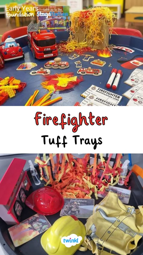 People who help us eyfs - firefighters. Thanks to @sensoryplay_send @darulaqum_preschool People Who Help Us Theme Preschool, Fire Engine Activities Eyfs, Fire Fighter Tuff Tray, People That Help Us Activities, Eyfs Firefighters Activities, People Who Help Us Activities For Toddlers, Eyfs Firefighters, People Who Help Us Preschool Activities, People That Help Us Preschool Activities