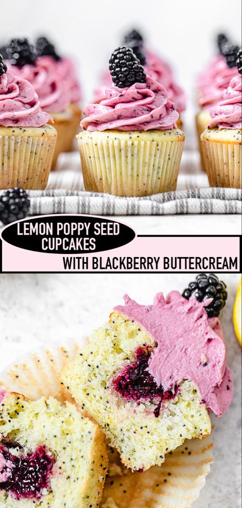 Close up of halved poppy seed cupcakes filled with blackberry sauce Lemon Blackberry Cupcakes, Blackberry Cupcakes Recipes, Poppy Seed Recipes Baking, Summertime Cupcakes, Lemon Poppyseed Cupcakes, Wedding Cupcakes Ideas, Poppyseed Cupcakes, Blackberry Frosting, Poppy Seed Cupcakes