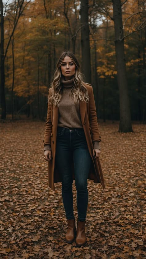 Woman wearing a stylish fall outfit with a camel coat, turtleneck sweater, dark jeans, and brown boots in a forest with autumn leaves. Classy Women Winter Outfit, Cute Autumn Winter Outfits, Pedicure Outfit Fall, Shop Fall Outfits, Different Looks For Women, Classy Outfits For Women Fall, Fall Season Aesthetic Outfits, Fall Outfits With Tall Brown Boots, Cute Fall Office Outfits