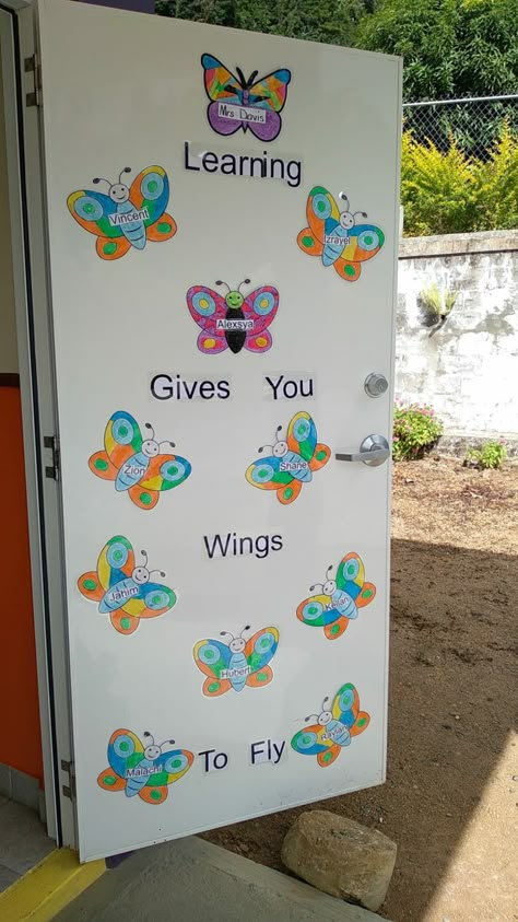 Butterfly Decorations For Classroom, Sky Theme Classroom Decorations, Butterfly Door Decorations, Art Teacher Door Decorations, Things That Fly Preschool Theme, Class Door Decoration Ideas High School, Butterfly Classroom Door, Summer Sports Crafts, Butterflies Classroom