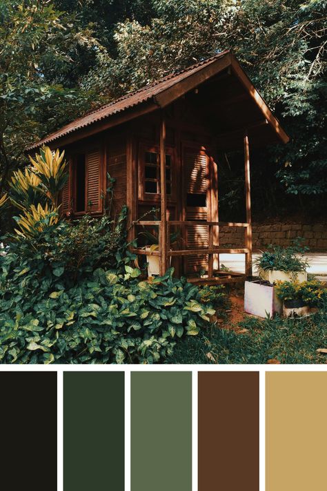 Brown and green palette.Cabin in the Forest: This image of a rustic wooden cabin surrounded by lush green foliage and dark earthy browns evokes a sense of tranquility and nature's beauty. Cabincore Color Palette, Green House Palette, Walnut Wood Color Palette, Wood Color Pallete, Green And Brown Office, Brown And Green House, Forest Green Color Combinations, Ground Color Palette, Forest Green House Exterior