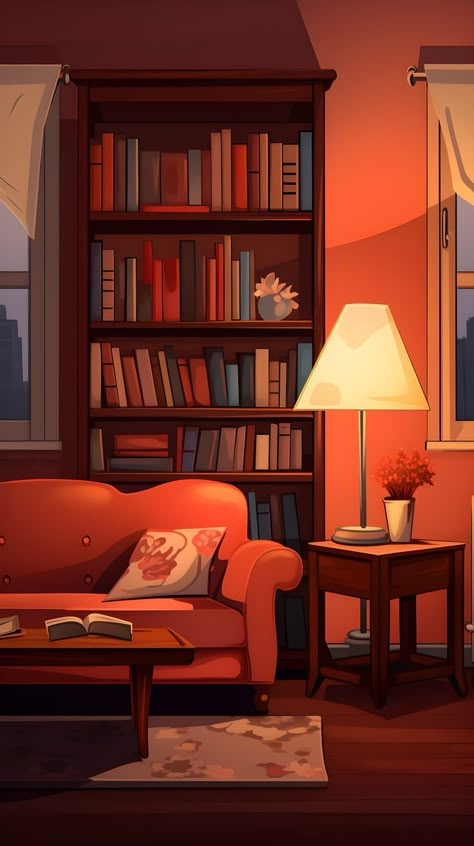 An animated wallpaper depicting a cozy living room with a lamp, bookshelf, and a book, radiating a serene and whimsical ambiance for your phone background. Cozy Reading Illustration, City Apartment At Night, Bookshelf Aesthetic Wallpaper, Cozy Illustration Art, Bookshelf Styling Aesthetic, Cozy Library Aesthetic, Lamp Bookshelf, Animated Room, Apartment At Night