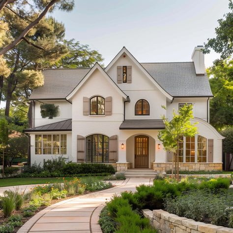 Modern Farmhouse Entrance Exterior, Pretty Farmhouse Exterior, House With Character Exterior, Pale Exterior House Colors, White Brown House Exterior, Houses With Garages On The Side, Brick Bottom Of House Exterior, Craftsman Style Cottage, German Modern House