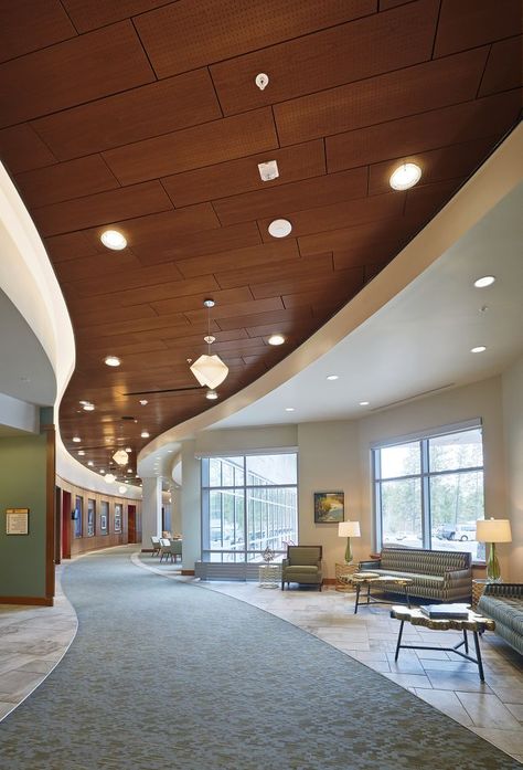 Sloped Ceiling Lighting, Office Building Lobby, Drop Down Ceiling, Office Design Inspo, Wood Ceiling Panels, Church Lobby, Ceiling Solutions, Interior Design Classes, Armstrong Ceiling