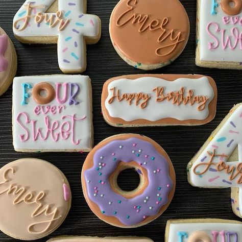 Fourth Birthday Cookies, 4 Birthday Party Theme, Four Ever Sweet Birthday, 4 Ever Sweet Birthday Party Cake, Birthday Party 4 Girl, Four Year Old Birthday Party Girl, 4year Birthday Party Ideas Girl, Four Ever Sweet Cookies, Fourth Birthday Girl