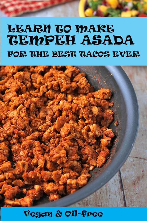 Spice up your life with easy tempeh taco meat flavored with Mexican asada and top it off with quick mango pico de gallo for the perfect vegan taco. #vegantaco #tempehtacomeat #tempeh #plantbasedtaco #wfpbtacos #cashewsourcream #healthytacos #picodegallo #mango #oilfreerecipes #tacos #easytacomeat #vegantacomeat #howtomaketempehcrumbles #tempehcrumbles Mango Pico, How To Cook Tempeh, Tempeh Tacos, Asada Tacos, Vegan Taco, Oil Free Vegan Recipes, Tempeh Recipes, Vegan Mexican Recipes, Plant Based Diet Recipes