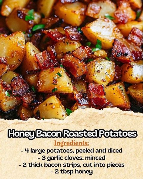 kitchen recipes | 🍯 Honey Bacon Roasted Potatoes | Facebook Honey Bacon Roasted Potatoes, Thick Bacon, Honey Bacon, Thick Cut Bacon, Roast Potatoes, Honey Roasted, Potato Dishes, Roasted Potatoes, Kitchen Recipes